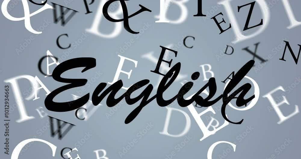 Sticker Animation of english text over letters on grey background