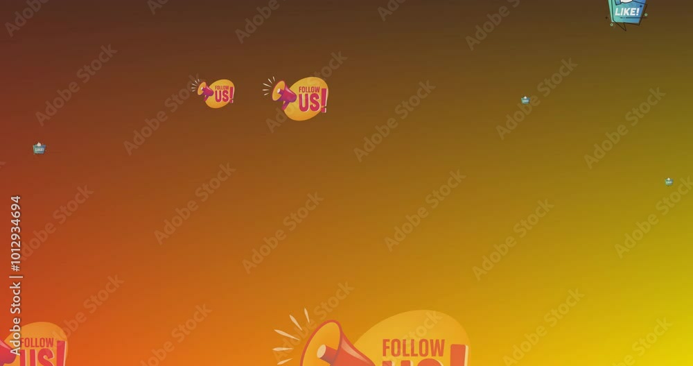 Canvas Prints Animation of like and follow us text with icons on yellow background