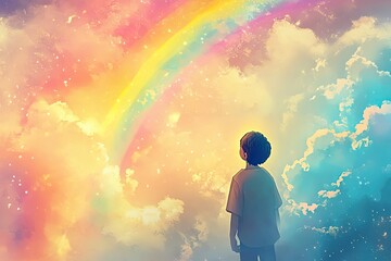 Obraz premium A young person gazing upwards at a rainbow and clouds in a colorful sky