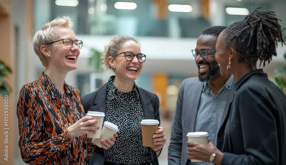Poster a diverse group of four smiling colleagues enjoying a coffee break in an office setting, fostering c