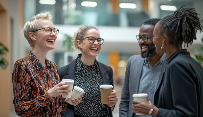 A diverse group of four smiling colleagues enjoying a coffee break in an office setting, fostering camaraderie and teamwork in a modern workplace.