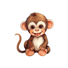 Fototapeta premium Brown monkey with large eyes and a curled tail, smiling happily. Suitable for animal themed designs, nature illustrations, and children's content. Generative AI