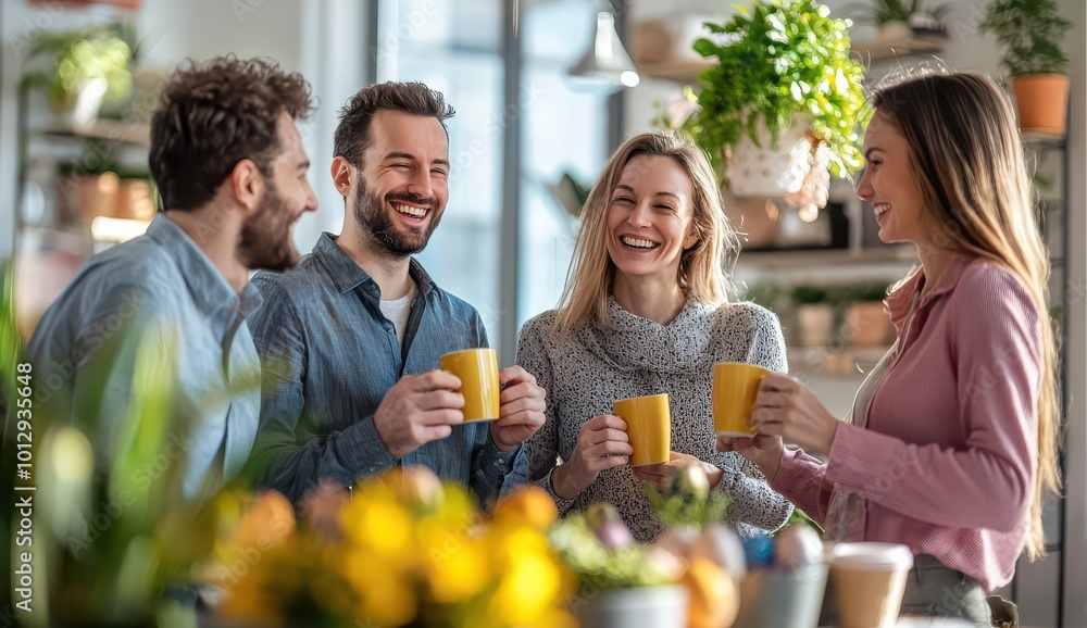 Poster group of four smiling colleagues enjoying a break with colorful drinks and balloons in an office cel