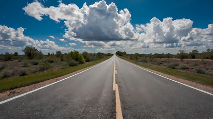 Fototapeta premium Vast empty road in summer with sunburst in bright blue sky overhead; Northern region, Iceland