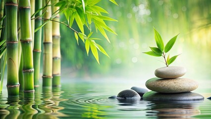 Serene Zen Garden with Bamboo Stalks Reflecting in Still Water and a Small Plant Sprouting from a Stack of Stones