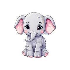 Fototapeta premium A smiling gray elephant is sitting down. Suitable for children's books, greeting cards, and cute animal designs. Generative AI