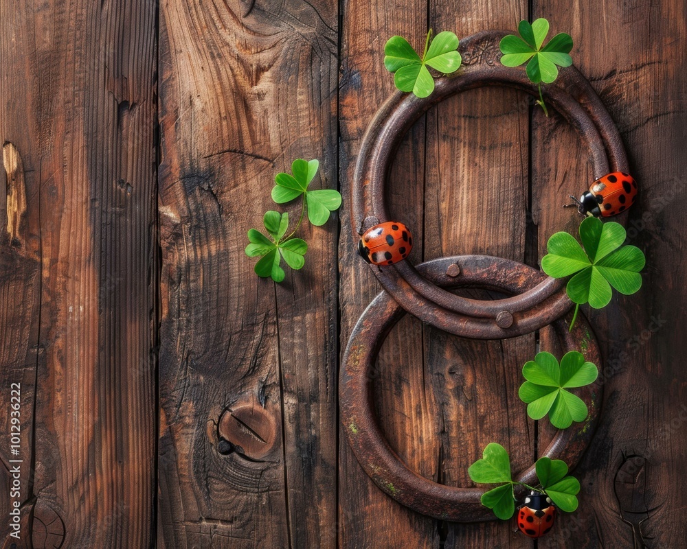 Sticker Rusty rings, clovers and ladybugs on a wooden background. AI.