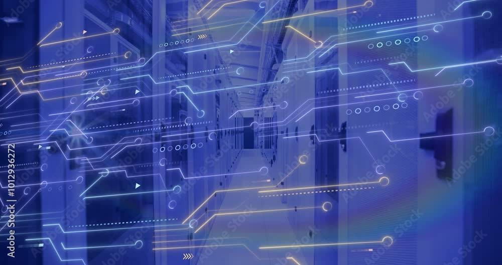 Wall mural Animation of circuit board and data processing over computer servers