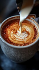 A cup of coffee with a heart shaped foam on top