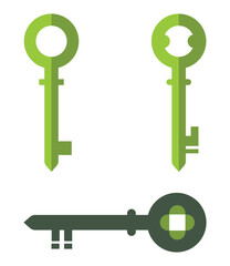 Three keys in green and gray with unique designs and details.