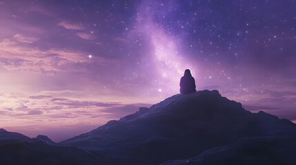 A serene mountain landscape under a starry night sky, illuminated by a vibrant galaxy, creating a mystical atmosphere.
