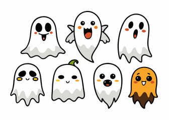 Expressive Cartoon Ghosts' Set of Cartoon Ghosts' Doodle Ghouls Collection' Vibrant Cartoon Ghosts Set' Fun Cartoon Ghosts Doodles, Doodle Ghouls with Emoticons & Fun Faces!