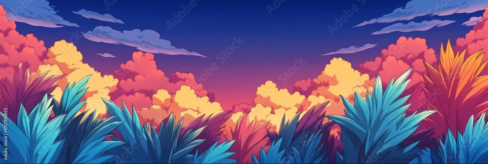 Poster Vibrant sunset over lush foliage.