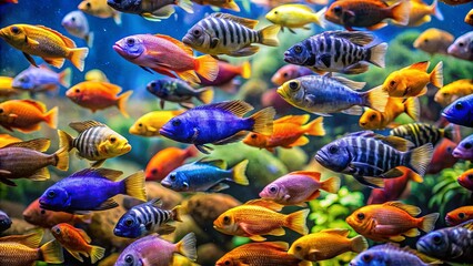 Colorful Malawi Cichlids Swimming in Aquarium