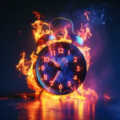 An alarm clock engulfed in vivid flames against a dark backdrop late at night