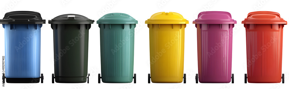 Poster set of various modern indoor garbage bins in different colours isolated on transparent background. 