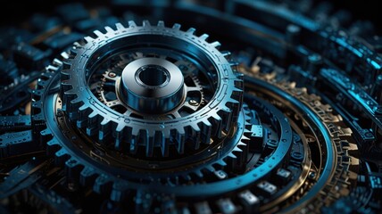 Closeup of a intricate metal gear system, with gears interlocked and turning smoothly.