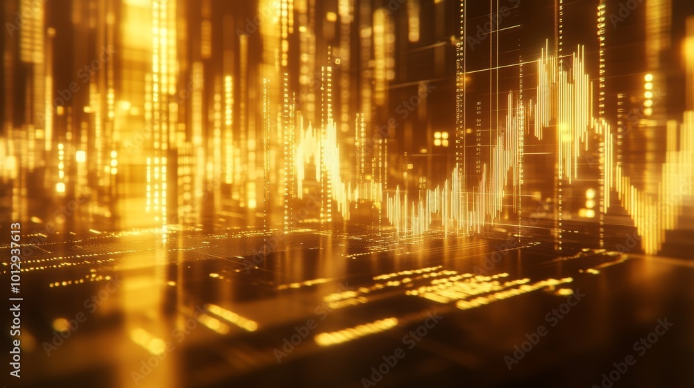 Poster an abstract digital artwork filled with glowing golden waves and intricate data flow patterns. the v