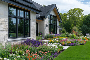 the front yard of an elegant home in Canada, featuring a large flower bed with various flowers and shrubs, including purple coneflowers, white lilies, red roses, yellow daisies, green grass.