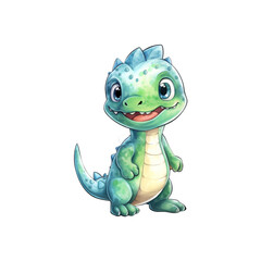 Fototapeta premium A green dinosaur with big eyes and a tail suitable for children's books, posters, and educational materials. Friendly and adorable character design. Generative AI