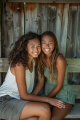Obraz premium Two girls smiling and sitting together. AI.