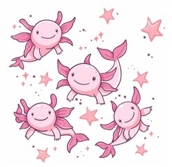 Cute pink axolotls swimming joyfully with stars in a whimsical underwater setting