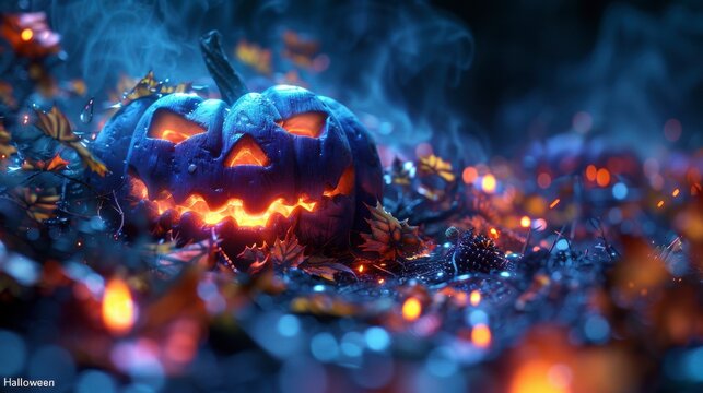A glowing carved pumpkin surrounded by autumn leaves and mist on Halloween night