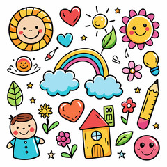 Whimsical Rainbow Kids' Cute Cartoon Art' Vibrant Rainbow Kids' Delightful Cartoon Illustrations' Charming Cartoon Illustrations of Rainbow Kids and Colorful Pencils
