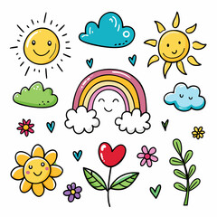 Whimsical Rainbow Kids' Cute Cartoon Art' Vibrant Rainbow Kids' Delightful Cartoon Illustrations' Charming Cartoon Illustrations of Rainbow Kids and Colorful Pencils