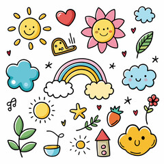 Whimsical Rainbow Kids' Cute Cartoon Art' Vibrant Rainbow Kids' Delightful Cartoon Illustrations' Charming Cartoon Illustrations of Rainbow Kids and Colorful Pencils
