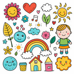Whimsical Rainbow Kids' Cute Cartoon Art' Vibrant Rainbow Kids' Delightful Cartoon Illustrations' Charming Cartoon Illustrations of Rainbow Kids and Colorful Pencils
