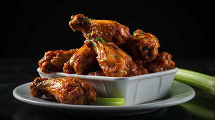 Spicy and tangy chicken wings, often served with ranch or blue cheese dressing and celery sticks.