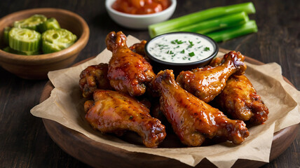 Spicy and tangy chicken wings, often served with ranch or blue cheese dressing and celery sticks.