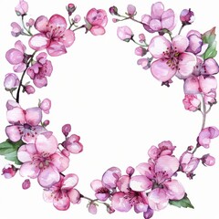Beautiful watercolor cherry blossom wreath design with pink flowers and green leaves
