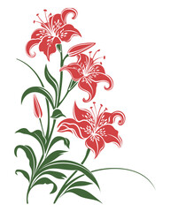 A delicate arrangement of three red lilies with green leaves on a white background.