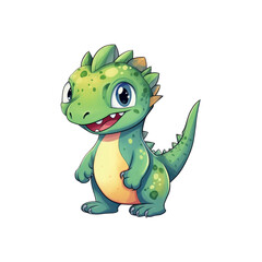 Fototapeta premium A green dinosaur with big eyes and a tail suitable for children's books, posters, and educational materials. Friendly and adorable character design. Generative AI