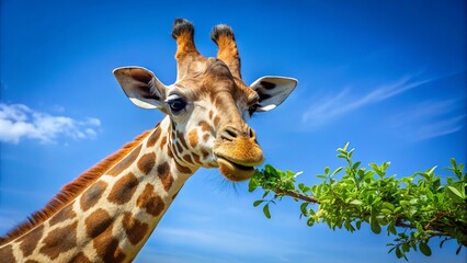 Fototapeta premium A gentle giant gracefully reaches for a leafy branch against a backdrop of vibrant blue sky.
