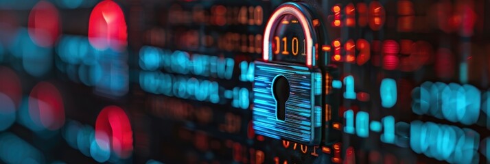 padlock symbolizing cybersecurity with glowing binary code in red and blue, representing data protection and online security.