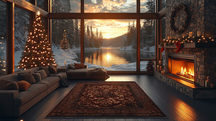 Cozy Christmas Cabin by the Lake: A stunning winter scene with a cozy cabin, a glowing fireplace, and a beautiful Christmas tree.  The large windows showcase a breathtaking sunset over a frozen lake.