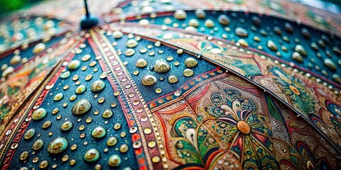 A Delicate Tapestry of Raindrops Adorning a Hand-Painted Umbrella with Intricate Floral Motifs and Golden Accents