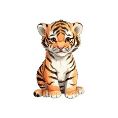 Obraz premium A smiling baby tiger is sitting. Perfect for wildlife conservation, children's books, or educational materials. Generative AI