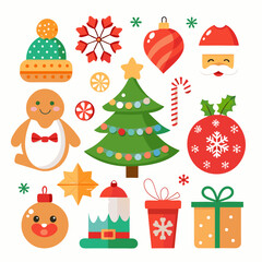 Festive Christmas Scene: Snowman, Santa, Tree, Gifts & Ornaments on White Background