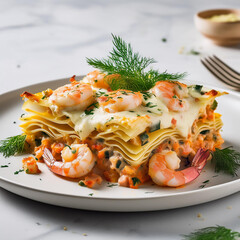 Seafood Lasagna Beautifully Garnished on Plate