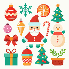 Festive Christmas Scene: Snowman, Santa, Tree, Gifts & Ornaments on White Background"