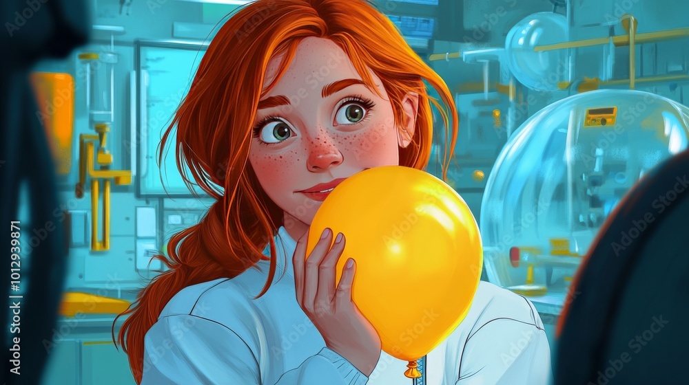 Poster a red-haired animated girl holding a yellow balloon in a futuristic lab. her thoughtful expression a