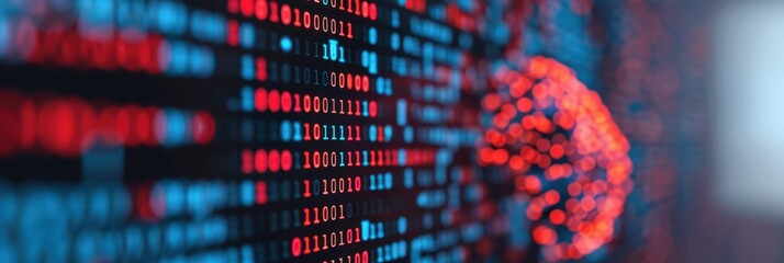 Binary code with an abstract digital brain displayed on a screen, symbolizing artificial intelligence and data processing in technology.