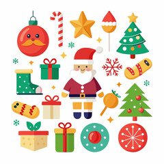 Festive Christmas Scene: Snowman, Santa, Tree, Gifts & Ornaments on White Background