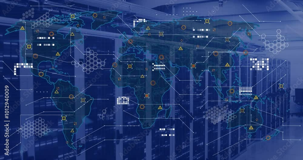 Wall mural Animation of world map and data processing over computer servers