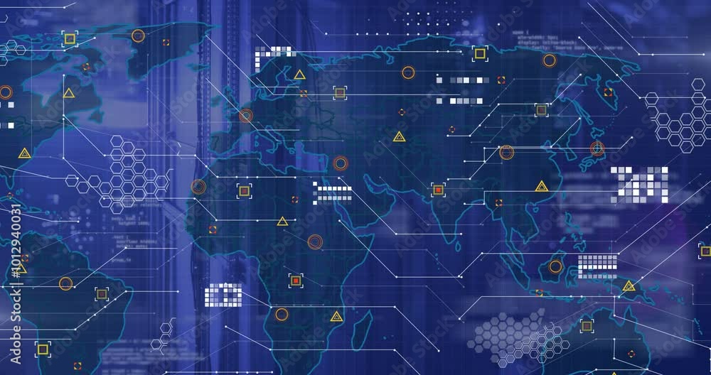 Poster animation of globe and data processing over computer servers
