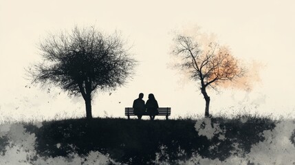 Silhouettes of a Couple on a Bench in Watercolor
